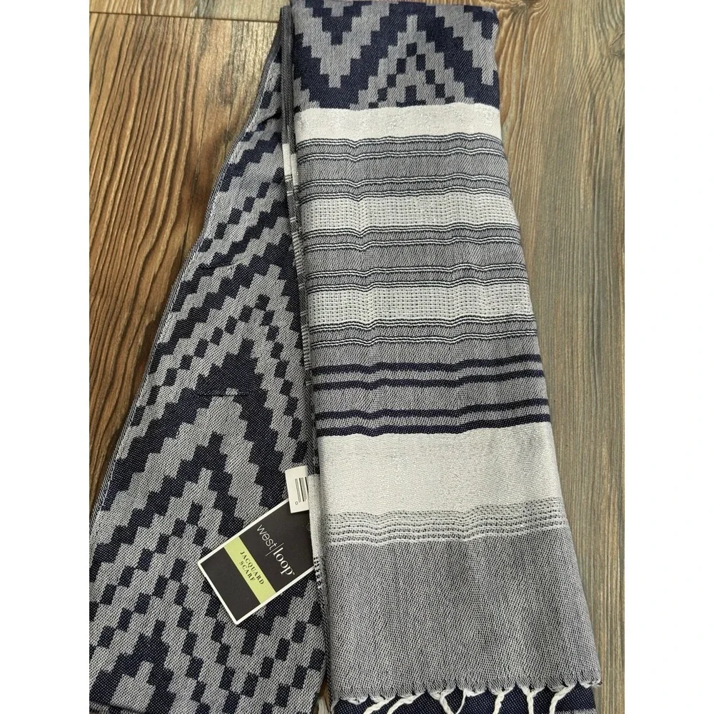 NWT West Loop Blue/Silver Two Toned Fringed Jacquard Scarf